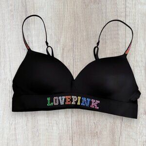 VICTORIA'S SECRET Valentines Day Love Pink Bling Ombre Rainbow Rhinestone Bra